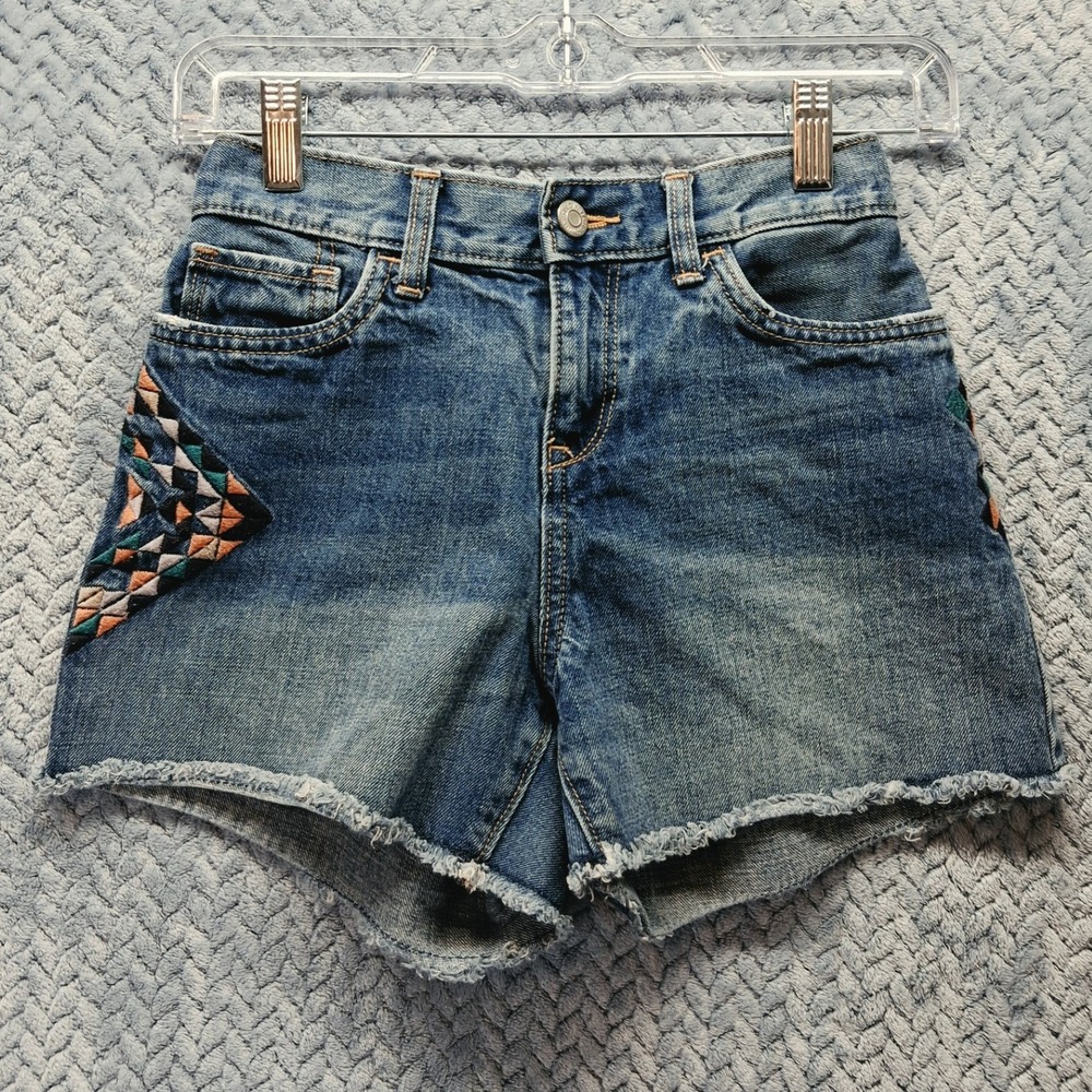 Old Navy Girls Blue Denim Embroidered Geometric Shorts Size 14 Frayed Hem